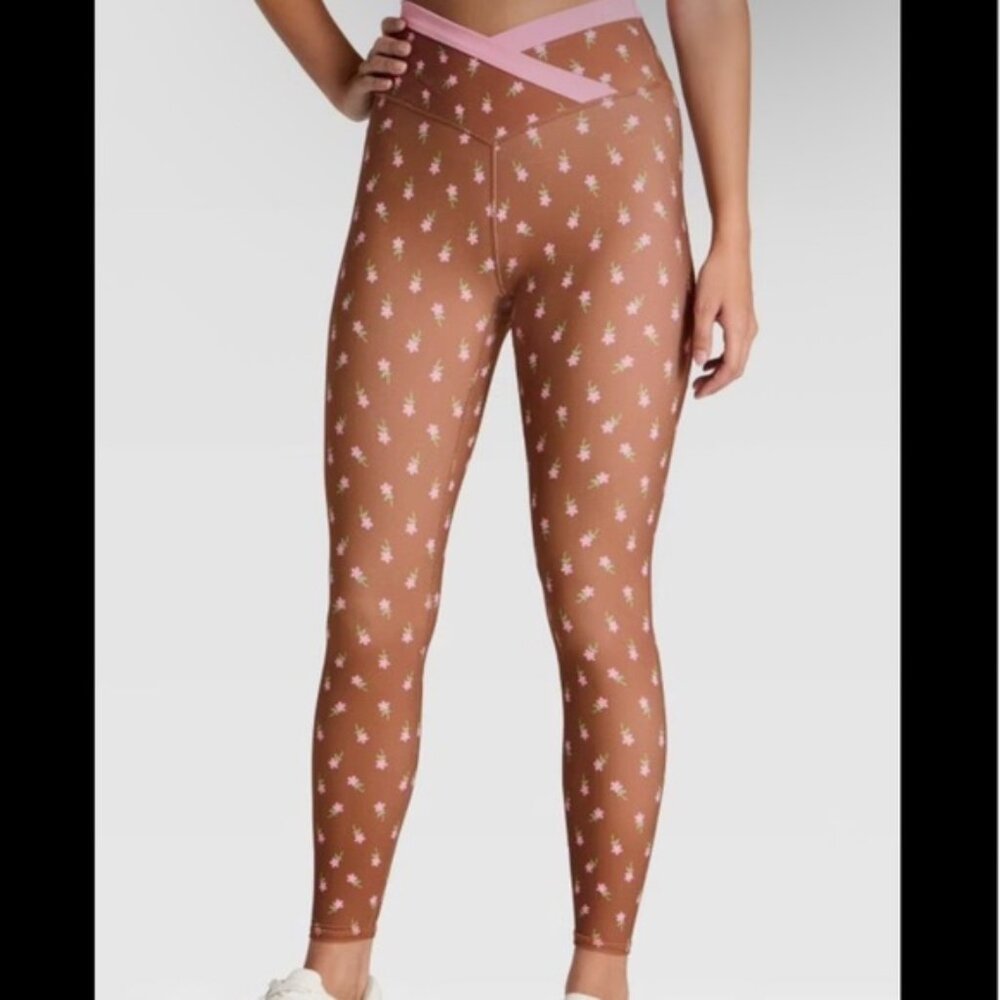 JoyLab Brown Leggings with Pink Floral Print.